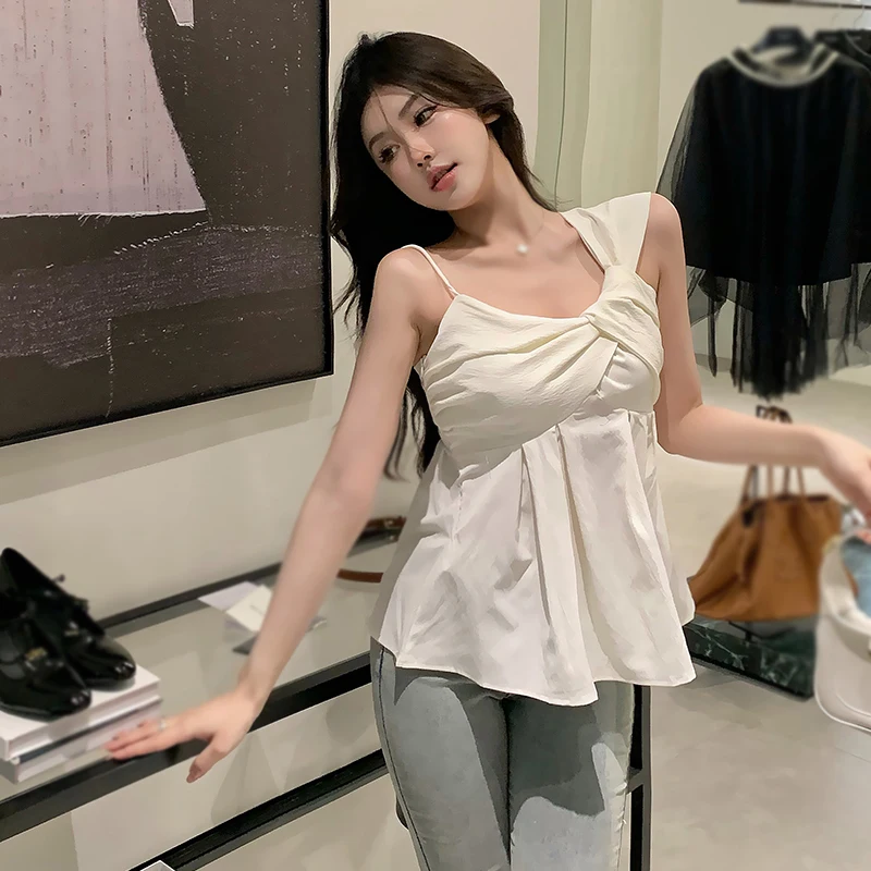 Summer Women\'s Blouse Solid Color Fashion Irregular Off the Shoulder Sleeveless Camisole Shirt Top