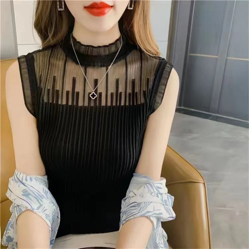 Women\'s Clothing 2023Summer Sexy Mesh Patchwork Elegant Knitted Tank Tops Y2K Fashion Solid Slim Sleeveless Basic All Match Vest