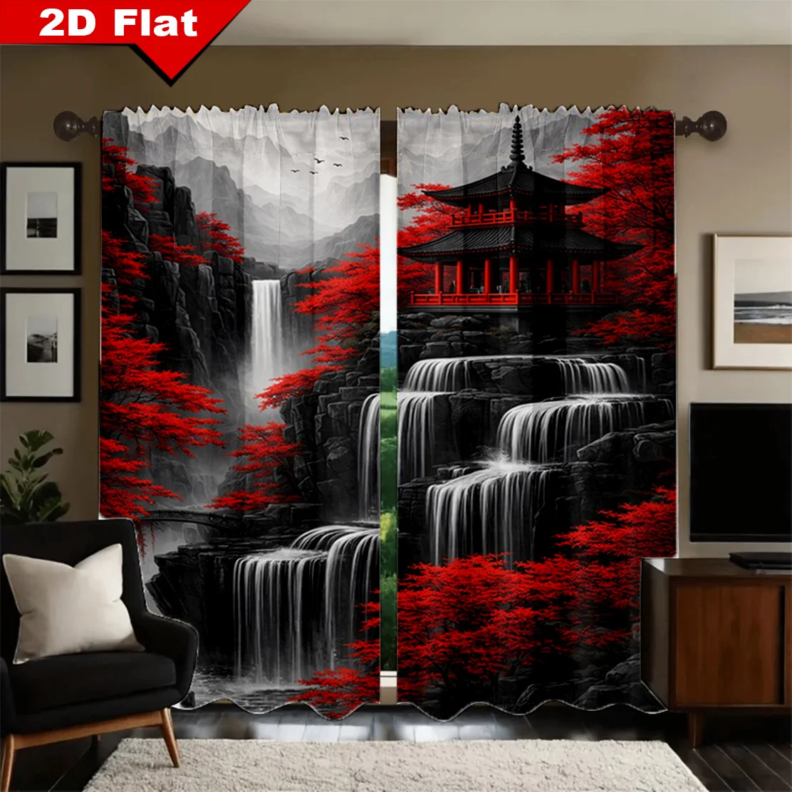 2D Flat - 2pcs Japanese Waterfall Curtains Red Maple Pagoda Print Blackout Drape Living Room Bedroom Window Treatment Home Decor