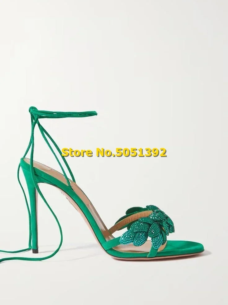 

Galactic Flower Summer Sandals Crystal-embellished Lace-up Leather Suede Sandals Thin High Heel Open Toe Fashion Newest Shoes