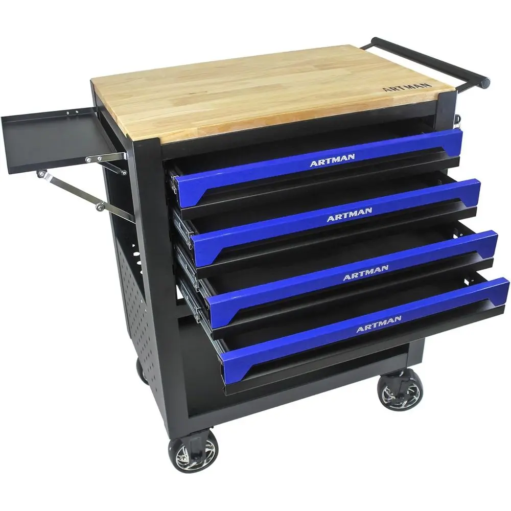 ตู้เครื่องมือแบบมีล้อเลื่อน 4 ลิ้นชัก พร้อมท็อปไม้ สีน้ำเงิน สำหรับงานช่างในโรงรถและร้านซ่อม