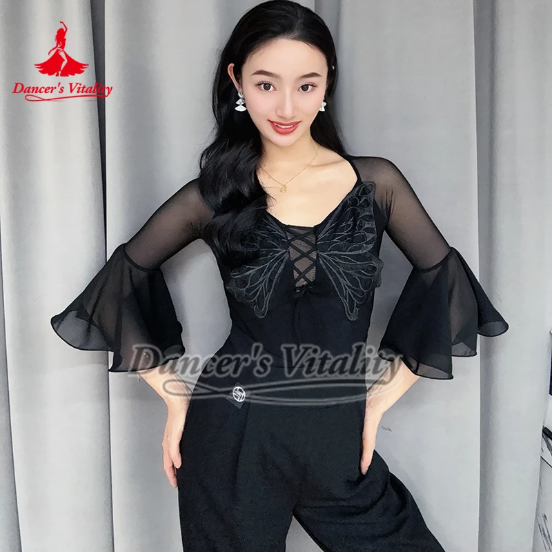Demi-manches évasées pour entraînement de danse de salle de bal latine, hauts Style papillon noir comprenant un coussin de poitrine, vêtements d'entraînement de valse, Collocation