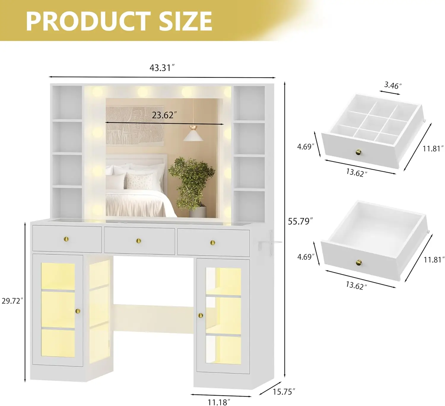화이트 화장대 세트 (거울 및 조명 포함) – 서랍, RGB 3색 LED 조명, 유리 상판 및 전원 콘센트 포함