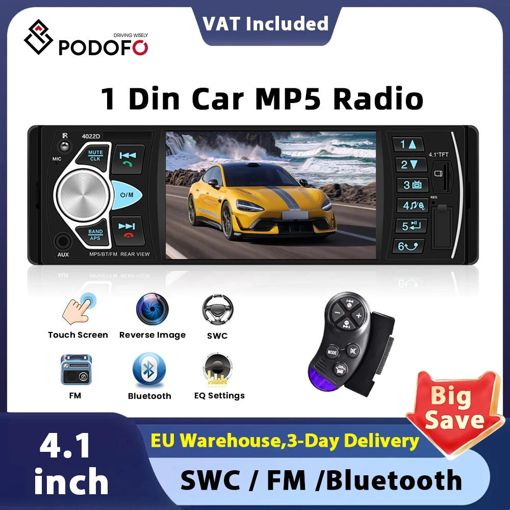 Podofo 4.1 ''autoradio 1Din Audio stéréo voiture lecteur MP5 récepteur FM Bluetooth volant télécommande Support TF carte Cam