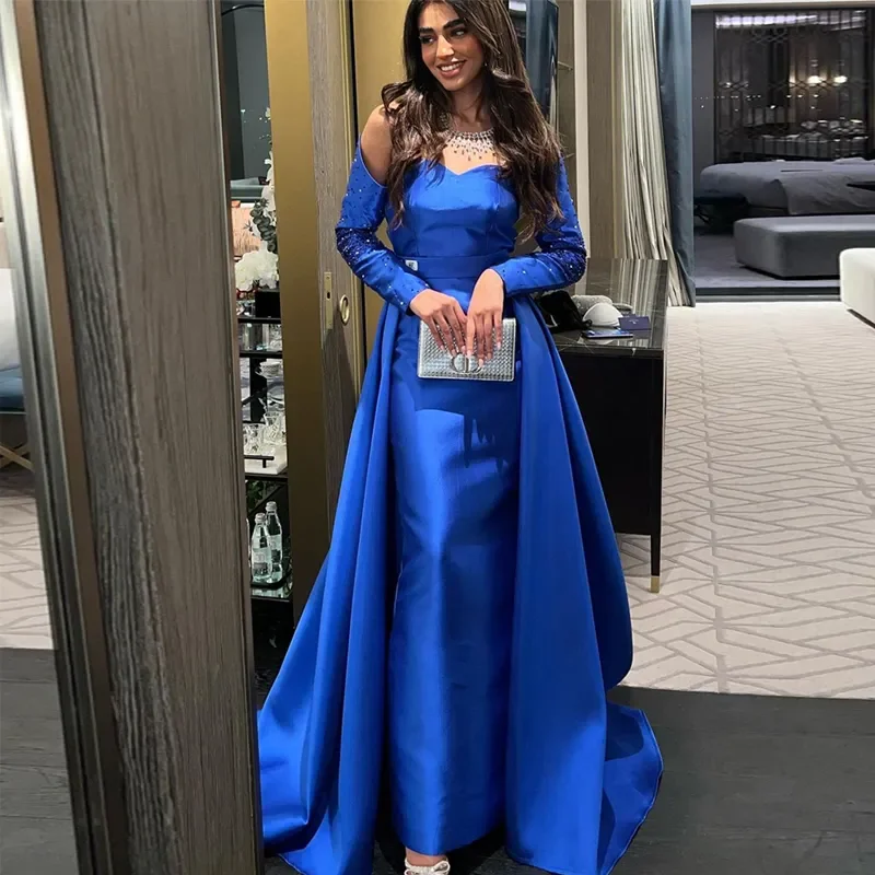 Elegantes blaues Langarm-Abendkleid aus Satin hülle mit abnehmbaren Zug perlen aus dem schulter freien Promi-Kleid