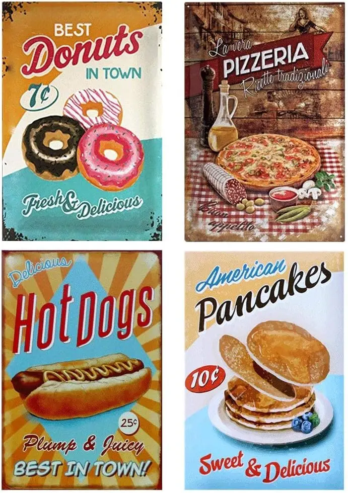 

4PCS Hotdogs Pizzeria Vintage Retro Wall Decor Tin Signs, Food Decorative Metal Sign for Home, Pub, Cafe, and Hotel