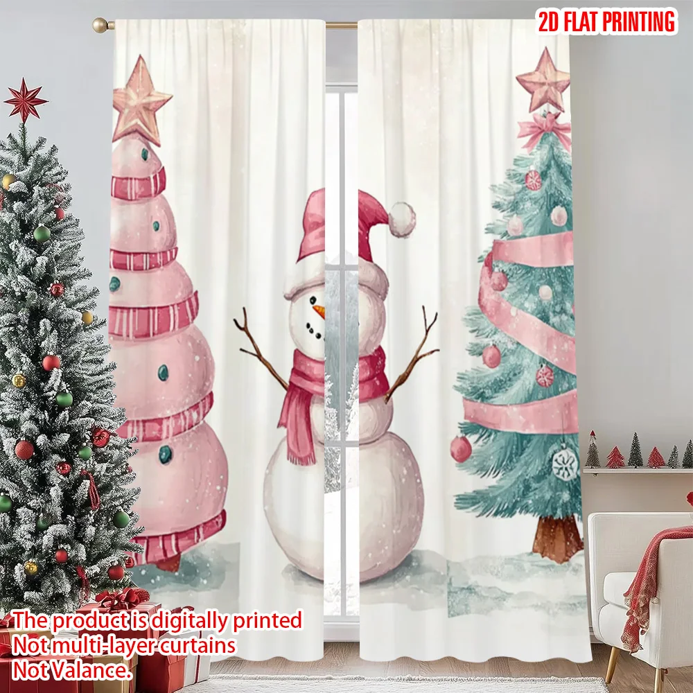 

2pcs 2D flat printing Merry Christmas Curtains Pink Christmas tree with snowman Durable 100% Polyester Fabric Without