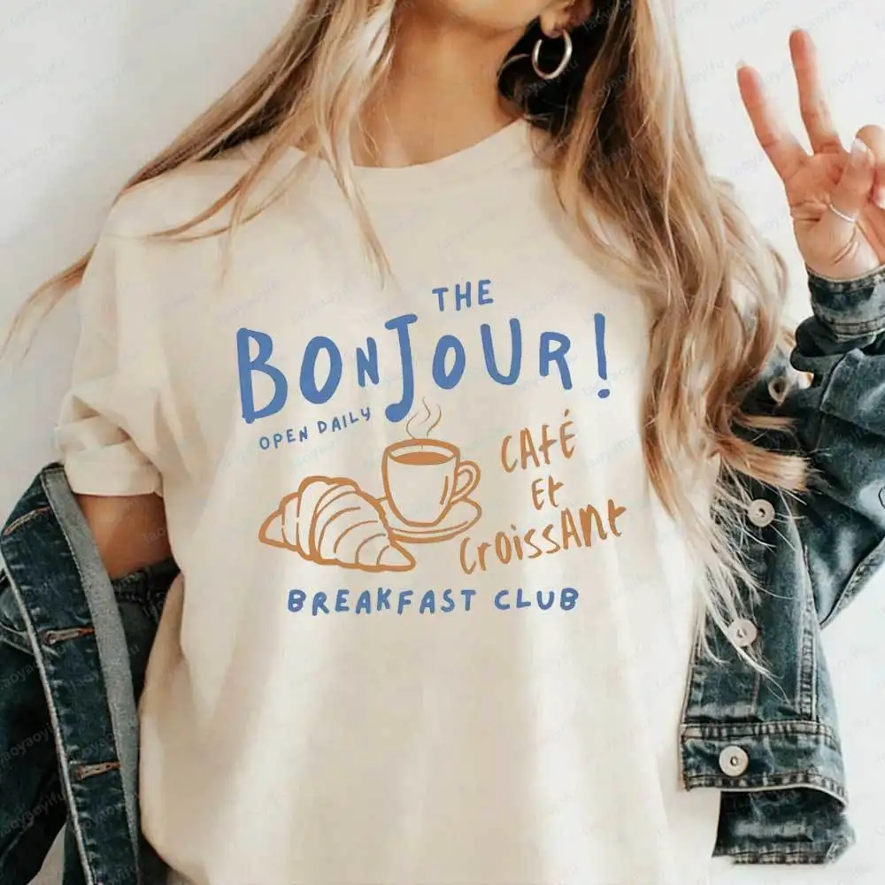 Women's Bonjour Cafe Et Croissant T-Shirt Breakfast Club French Graphic Cotton Tshirt Summer Aesthetic Parisian Food Lover Tops view 3