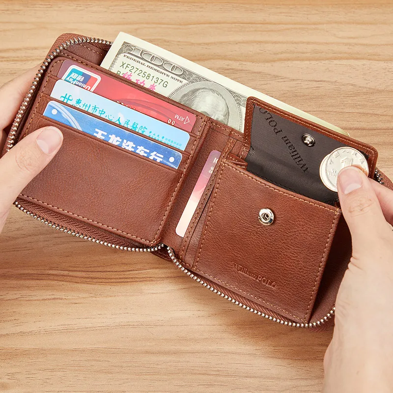WILLIAMPOLO Genuine Leather Men's Wallet RFID Blocking Card Holder Organizer Wallet Men Business Vintage Zipper Male Purse
