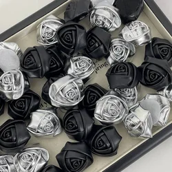 5Pcs Silver Black Imitation Leather Three-Dimensional Rose Flower Handmade Brooch Apparel Accessories Hairpin Hair Accessories