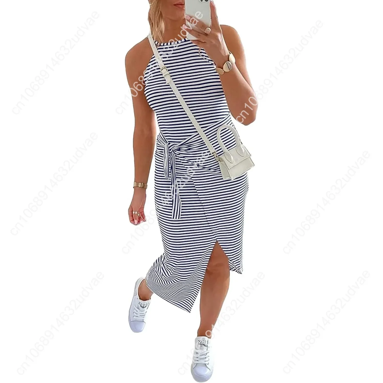 

Women Casual Sleeveless Striped Tank Midi Dresses Halter Neck Ruched Bodycon Dresses Tie Waist T Shirt Summer Dress