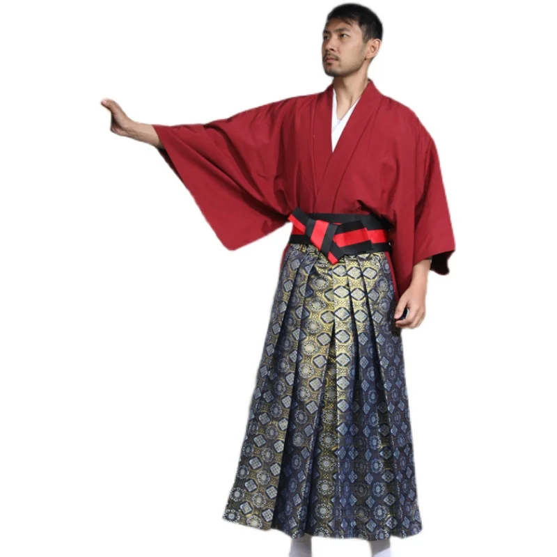 Men's Japanese traditional kimono formal dress samurai clothes not easy to wrinkle brocade hakama