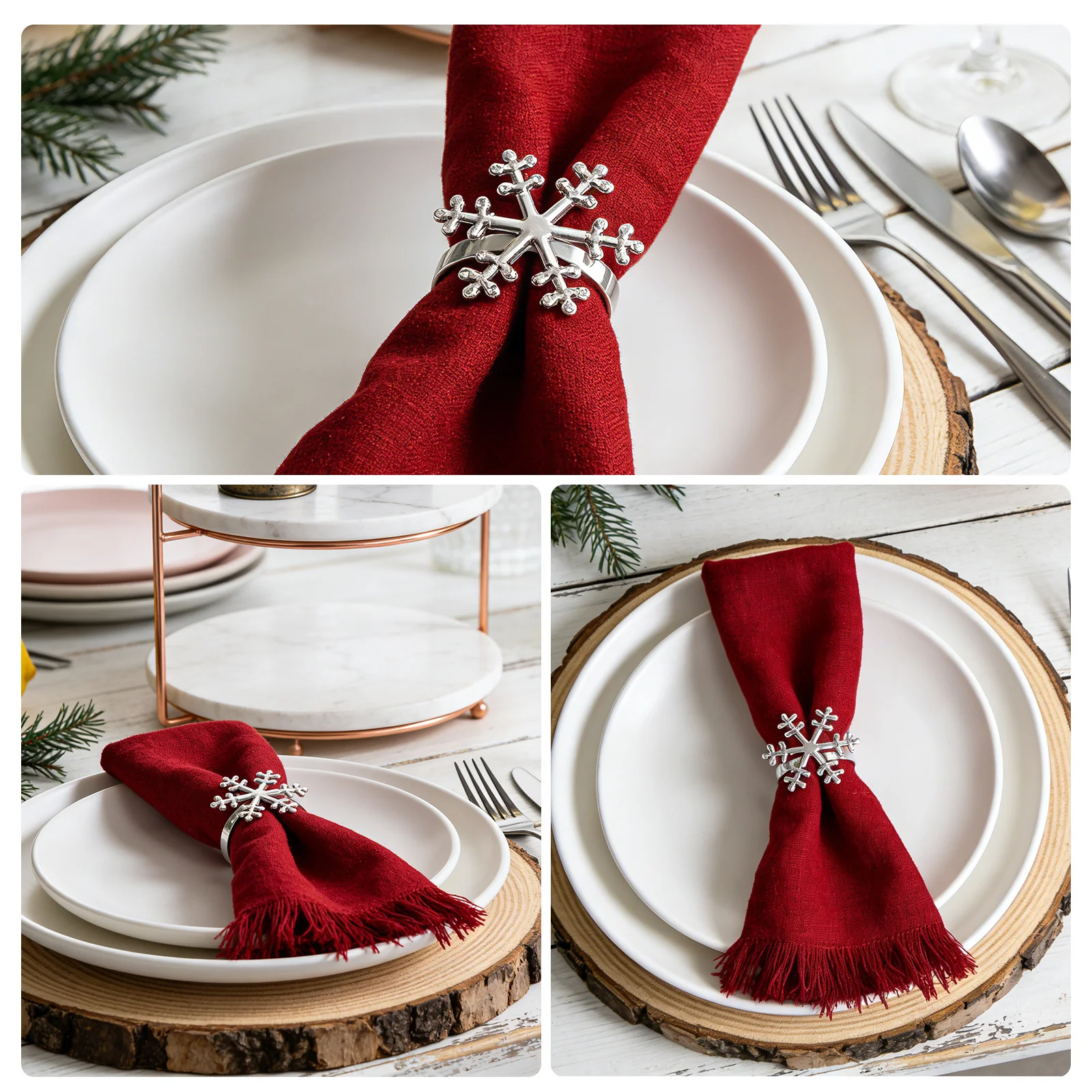 

6Pcs Napkin Ring Holder Snowflake Design Alloy Dinner Napkin Buckle for Christmas Party Elegant Table Setting Decoration