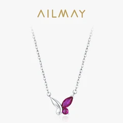 Ailmay 925 Sterling Silver Sweet Pink Zircon Butterfly Pendant Necklace For Women Girls Party Accessories Jewelry