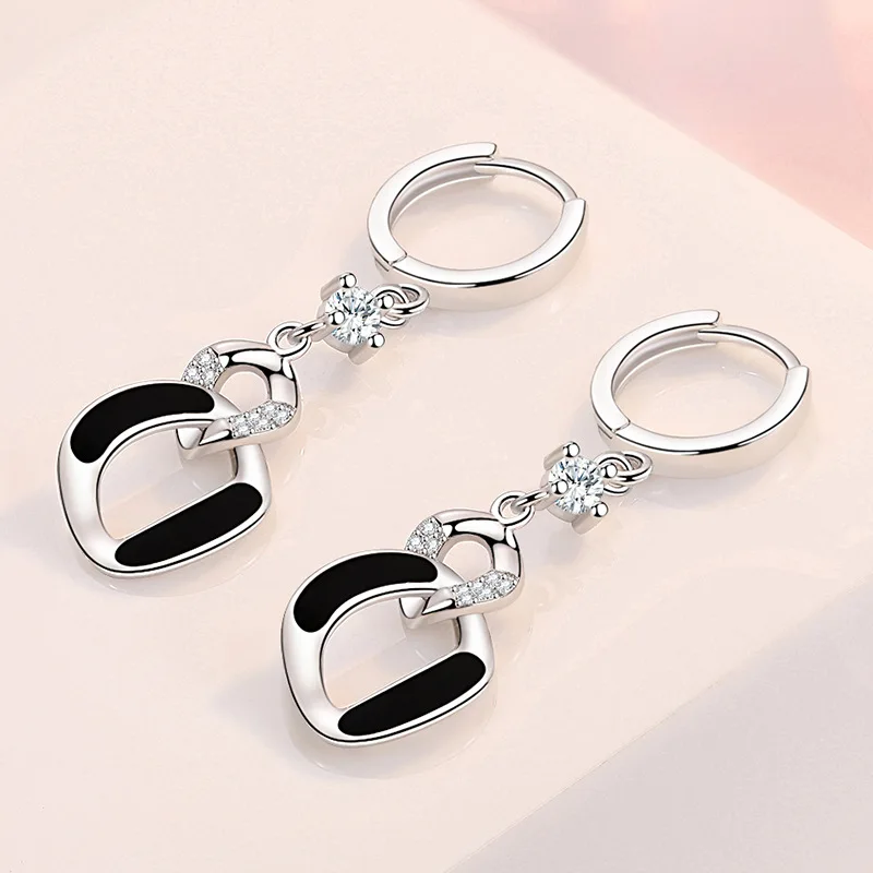 KOFSAC Female Trendy Irregular Hollow Earrings Charm 925 Sterling Silver Black Jewelry Shiny Zircon Earring Lady Accessories