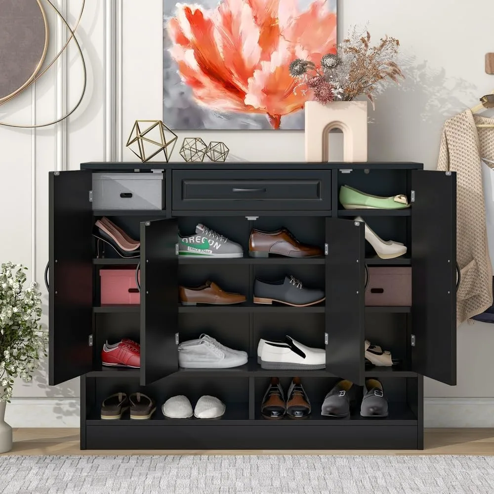 Shoe Cabinet Adjustable Shelves, Sturdy Top, and Minimalist Design , Fits Any Shoe Sizes (Black + Particle Board + 3-4 Spaces)