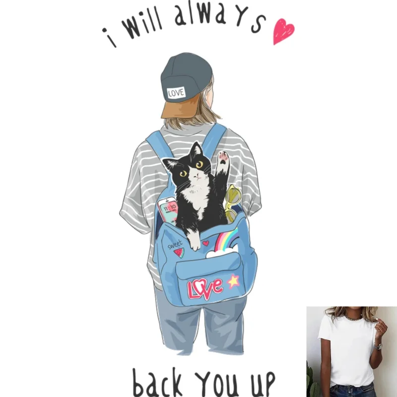 Cute Cat in Backpack Girl Pattern Heat - Transfer White Ink Iron - on Design, Versatile Casual Style, Suitable for T -