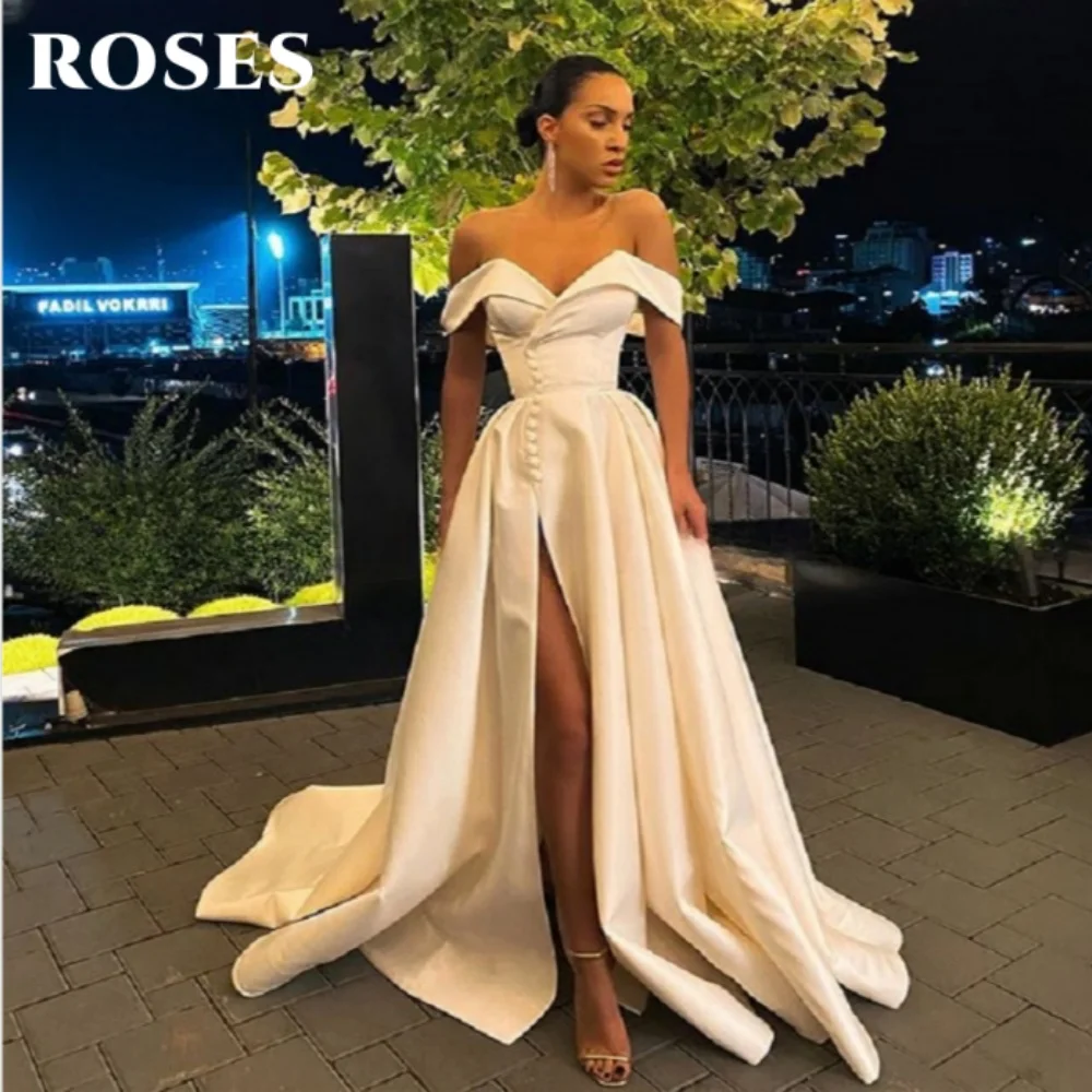 

ROSES White Elegant Prom Dresses for Woman Off the Shoulder V-Neck Prom Gown Satin Side Split Ball Gown robe soirée Customized