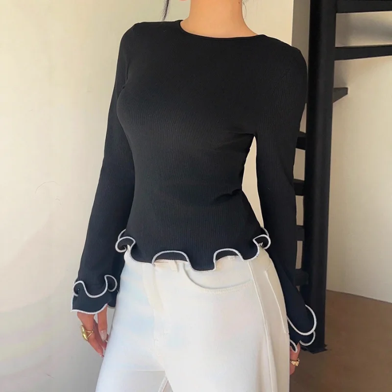 

Новая женская тонкая футболка с длинными рукавами, пуловер, нижняя рубашка, свитер контрастного цвета