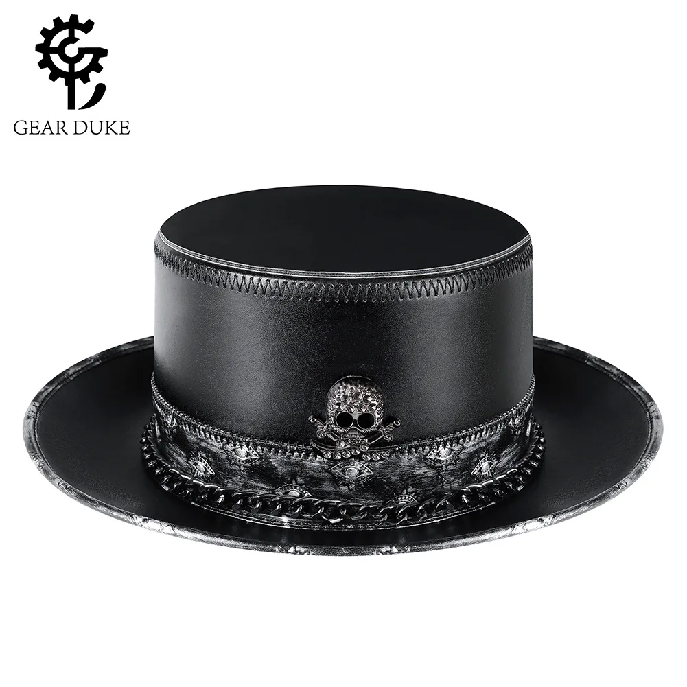 Black Gentleman Hat Men\'s Summer Breathable Sun Protection Waterproof PU Leather Wide Brim Hat Halloween Stage Party Magic Hat