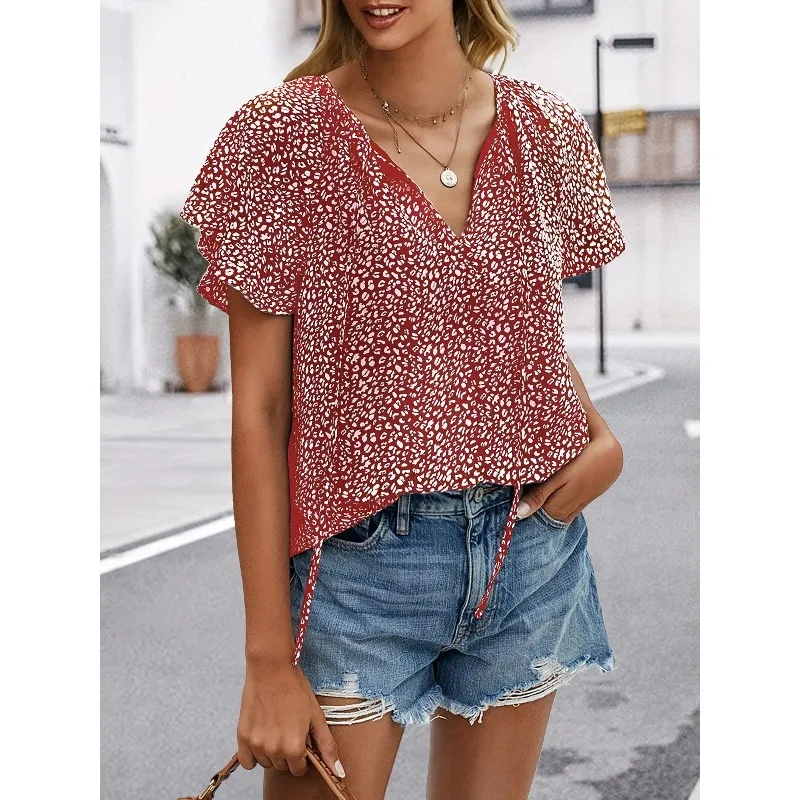 حجم كبير 1XL-5XL الخريف المرأة الربيع الصيف منقوشة طباعة طويلة الأكمام تي شيرت برقبة على شكل v السيدات موضة بلوزة طويلة الأكمام #3