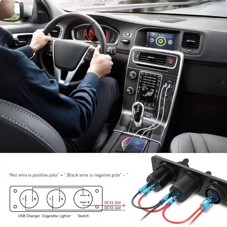 3 in 1 Car Dual USB Charger Cigarette Lighter Socket Power Outlet Adapter with Voltmeter Switch for Car Marine Boat ATV Truck