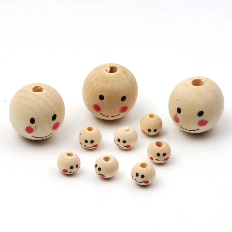 12/20/25mm Round Smiling Wooden Beads Natural Wood Ball Loose Beads For Jewelry Making Bracelet Handmade Craft Diy Accessories