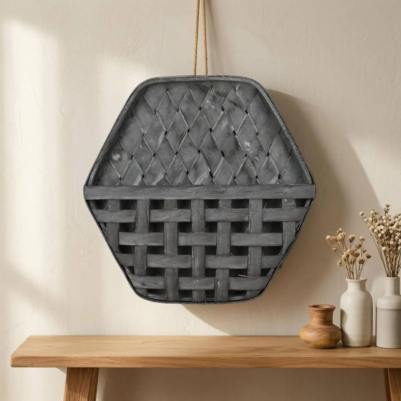 Hexagonal wall basket made of woven rope, wall basket made of wood, openwork