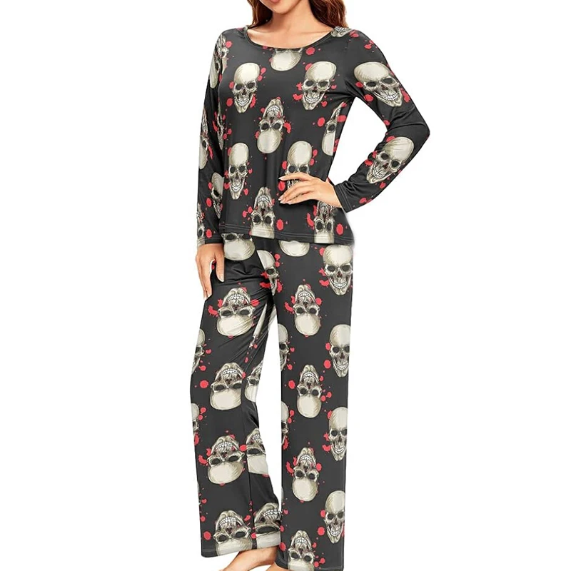 Womens Halloween Pajamas Sets Human Skull Print Night Suits Long Sleeve Sleepwear Soft Pj-Lounge Set Home Suits Outfits