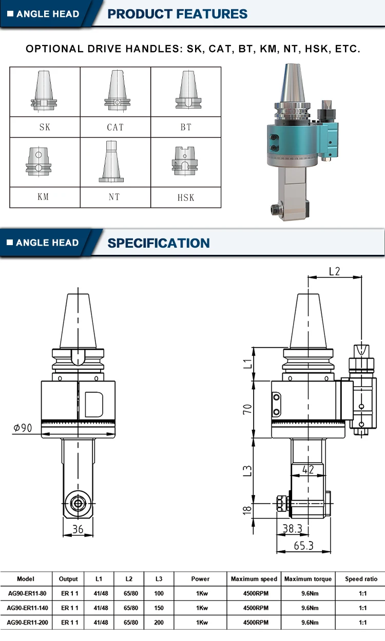 Machine Tools Chuck AG90-ER11/ER16/ER20/ER32/ER40 90 Degree CNC Angle Head Horizontal Milling Head Side Milling Head