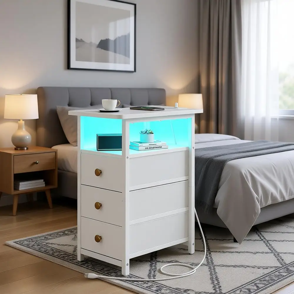 

LED-lit Charging Station End Table for Bedrooms and Living Rooms, Slim Nightstand with Fabric Drawers for Small Spaces