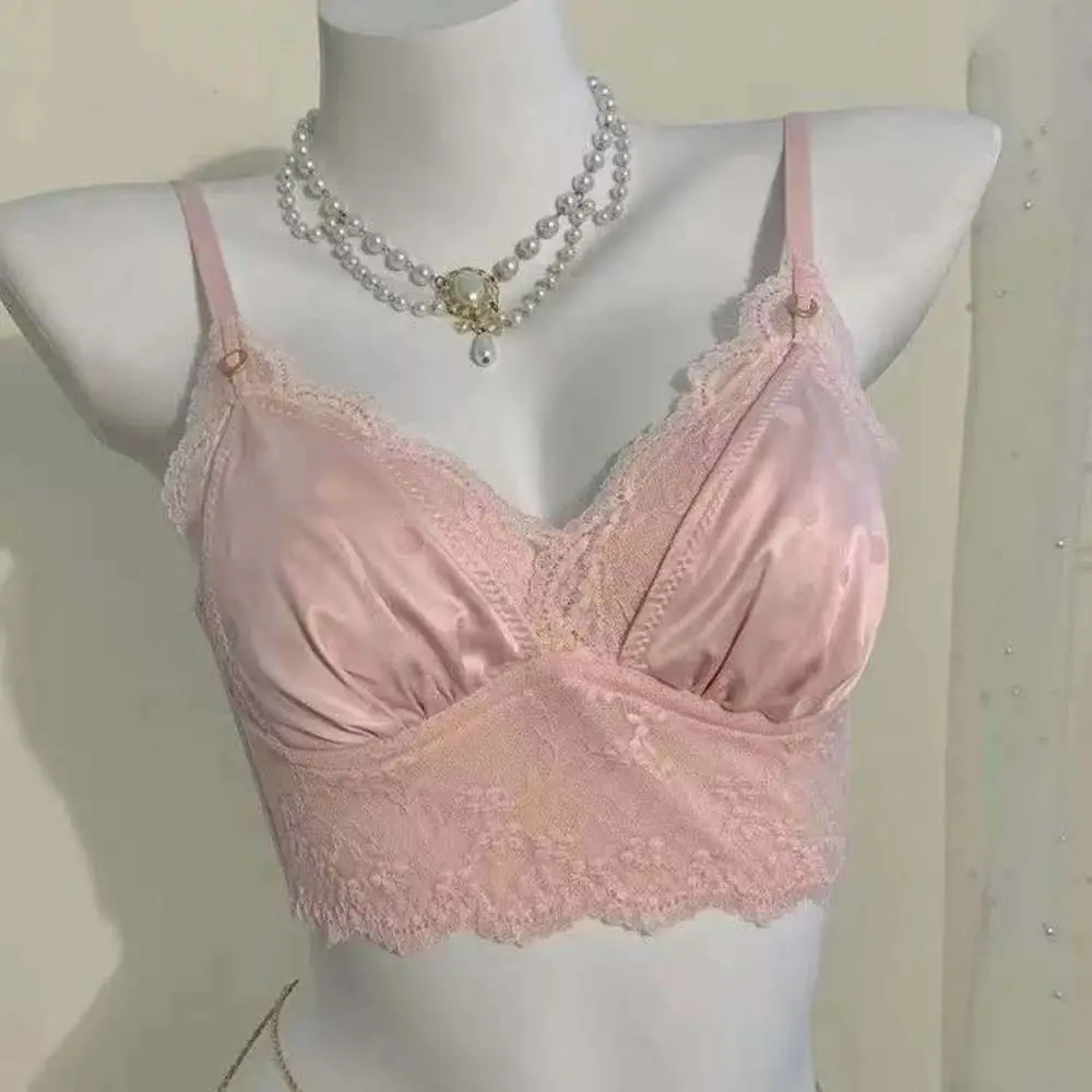 

Fashion Dots Wireless Deep V Bra Thin Shockproof Satin Silk Bras Push Up Anti-sagging Lace Bra Women Beach