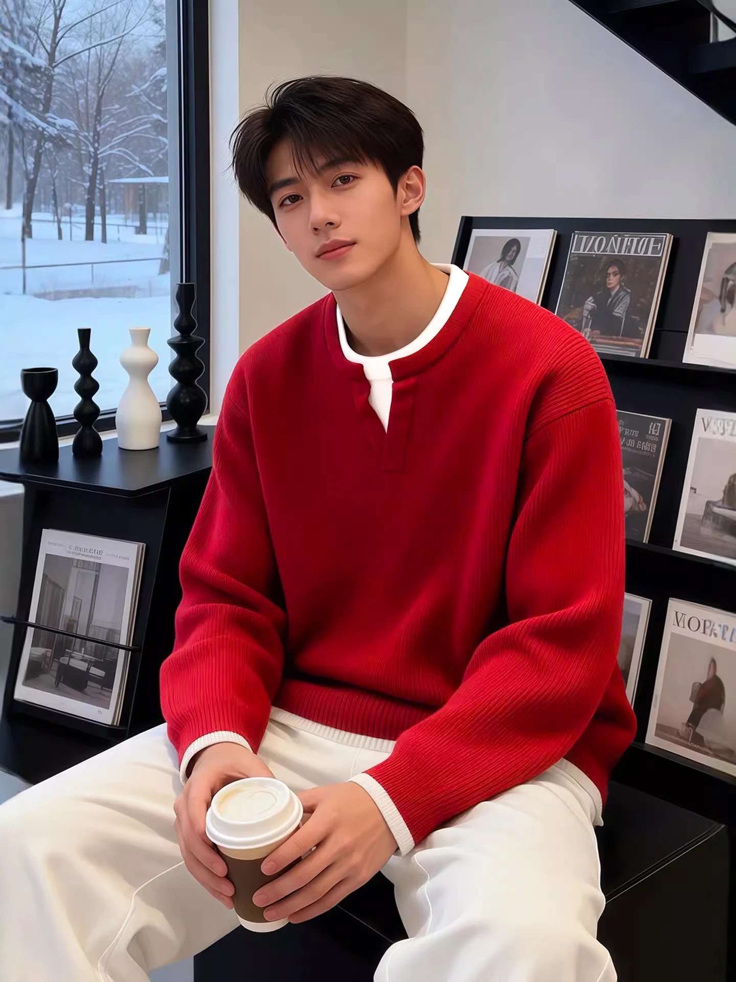 

Красный утолщенный трикотажный джемпер с V-образным вырезом для мужчин, зимний повседневный базовый слой, однотонная базовая футболка в корейском стиле, свободный крой