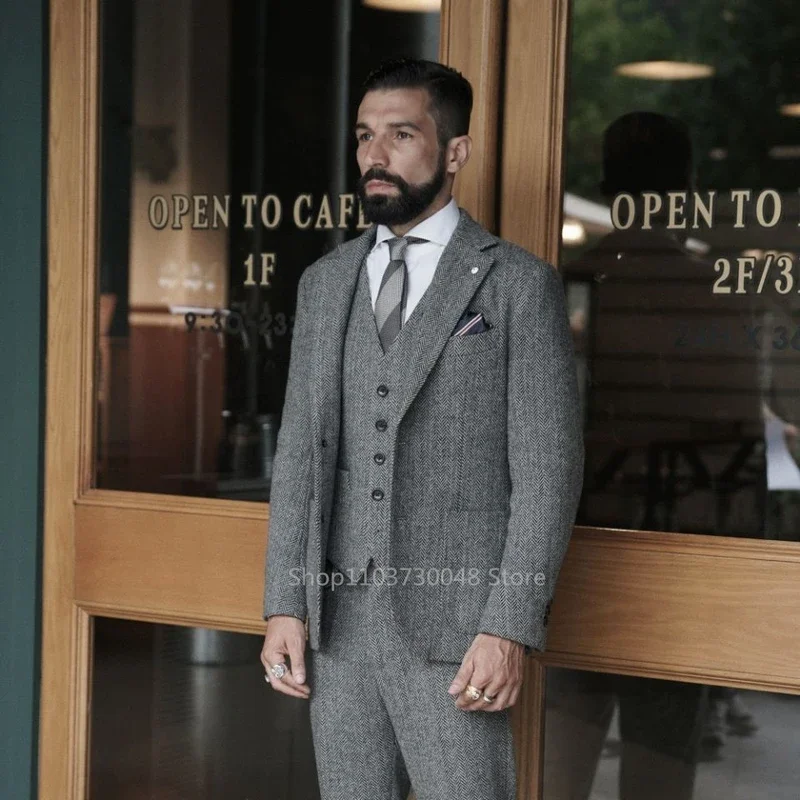 3 Pieces Business Suits Grey Herringbone Pattern Classic Wool Tweed Groom Tuxedos for Wedding Party (Blazer+Pants+Vest)
