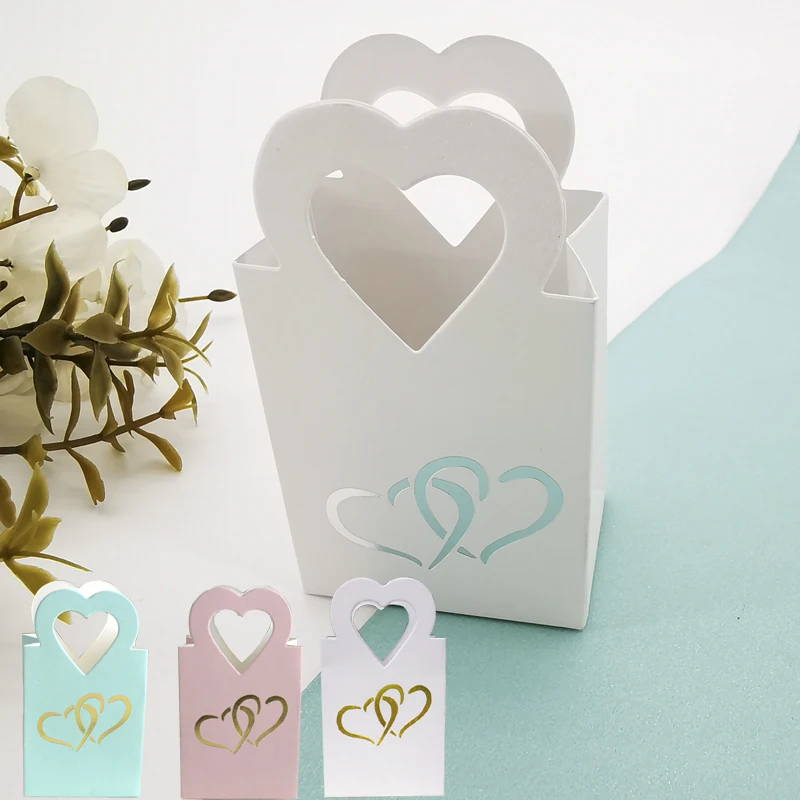 10pcs small upscale gift box Handles Love Heart Bronzing bean Candy bags Wedding Party Favor Valentines Jewelry Day baby shower