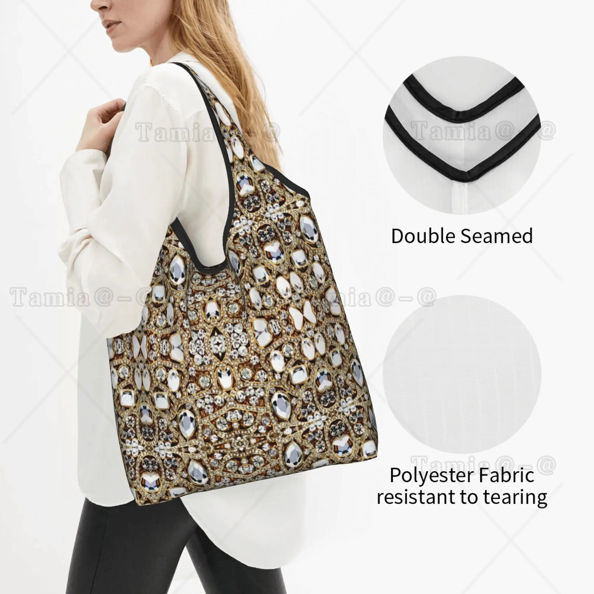 Jewelry Gemstone Silver Crystal Grocery Shopping Bags Kawaii Shopper Tote Shoulder Bag Glitter Rhinestones Diamonds Handbag