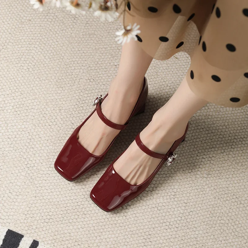Red thick heels, Mary Jane shoes, women's French retro square toe high heels, patent leather, shallow cut small leather shoes