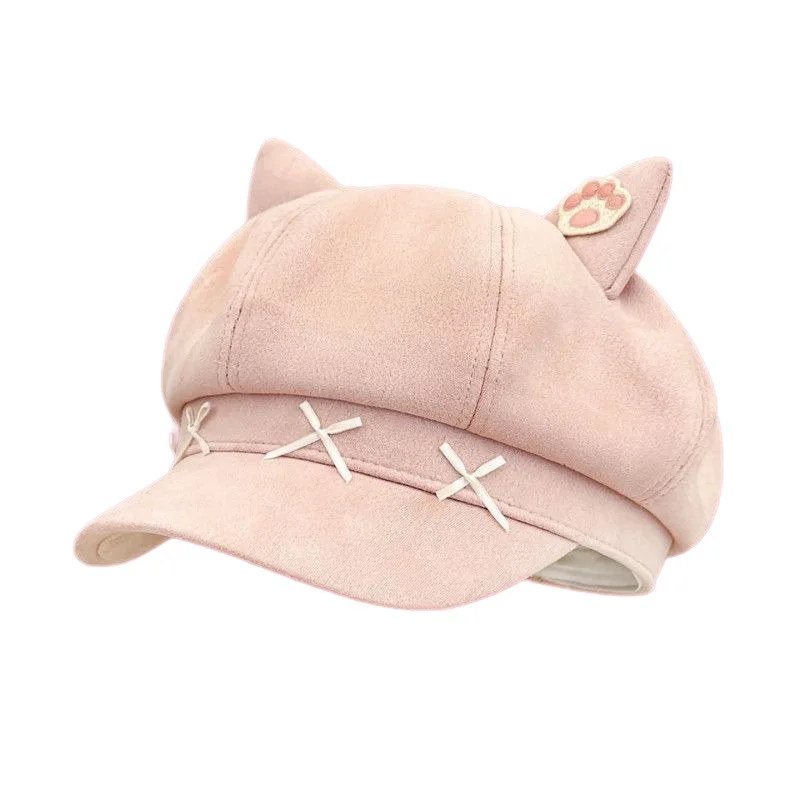 Boinas japonesas con orejas de gato de dibujos animados para mujer, boinas pequeñas Y2K para otoño e invierno, para viajes, día de invierno, dulces y versátiles