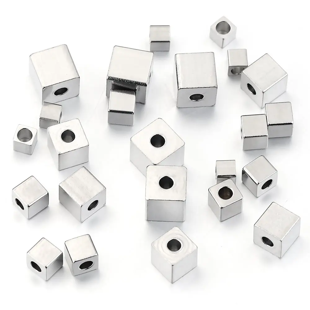 50Pcs Lot 3/4/5/6mm Hole2mm Stainless Steel Cube Bead Spacer Square Loose Beads for Needlework Jewelry Making Bracelets Waist