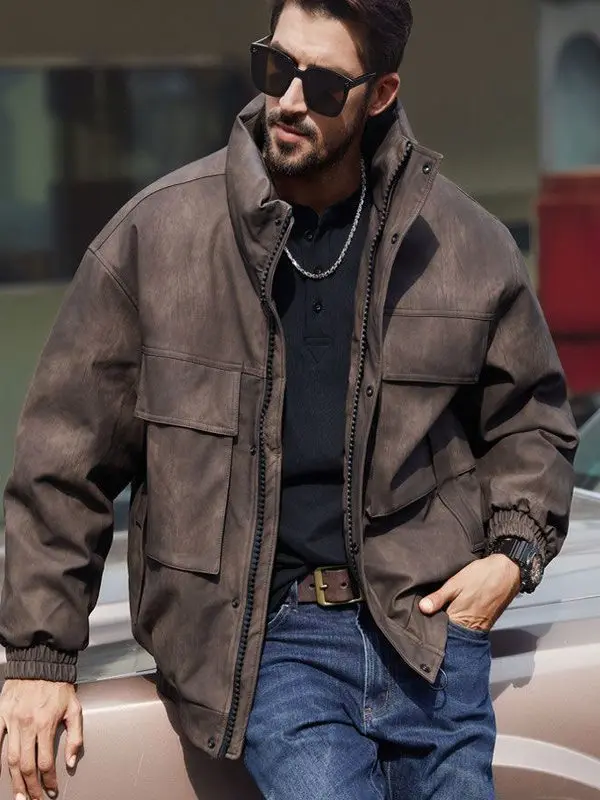

Loose Fit Du down Jaet Men's PU Leather Waed Vintage American Sle Autumn Winter Warm Coat with Multiple kets