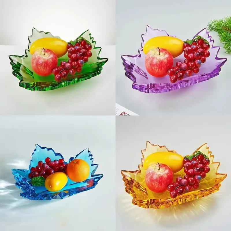 High-quality K9 crystal maple leaf fruit plate green transparent glass decorative snack tray home dining table decoration