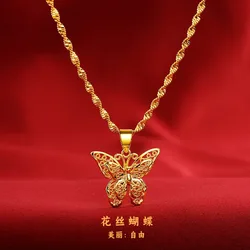 Noble AU999 Chinese style gold necklace filigree ancient butterfly festive small pendant pure gold 24k sweater necklace