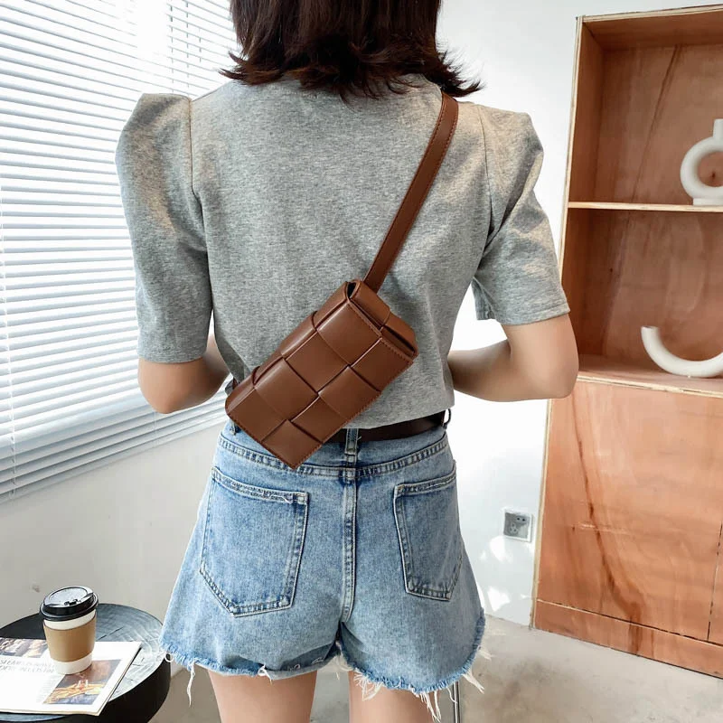 

PU solid color small square checkered women's shoulder bag 2024 new trend versatile mini woven bag crossbody waist bag chest bag