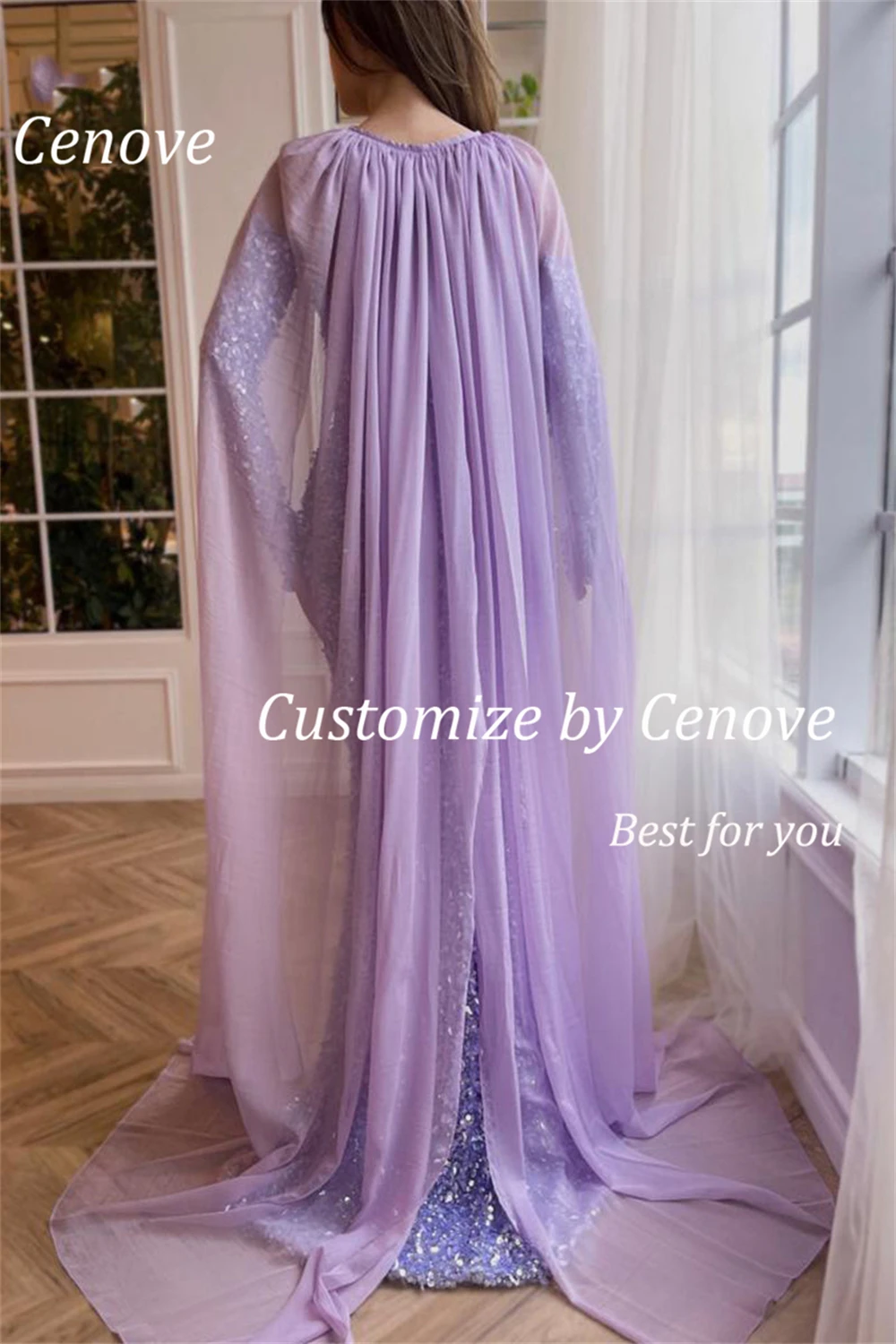 Cenove Mermaid Shawl Sequin Evening Chiffon Gown Formal Princess Prom Strapless Long Purple New Party Dresses for Women 2023