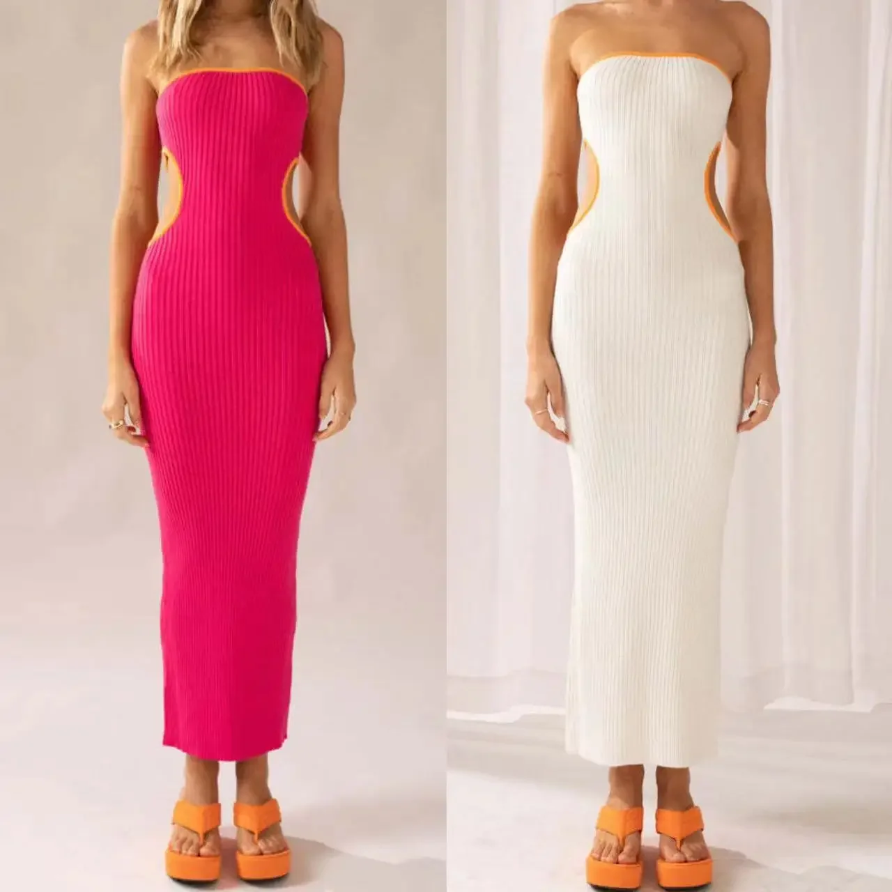 

2025 Women Summer Knit Sleeveless Bodycon Tube Dress Strapless Side Cut Out Contrast Color Tube Evening Party Maxi Sexy Dress