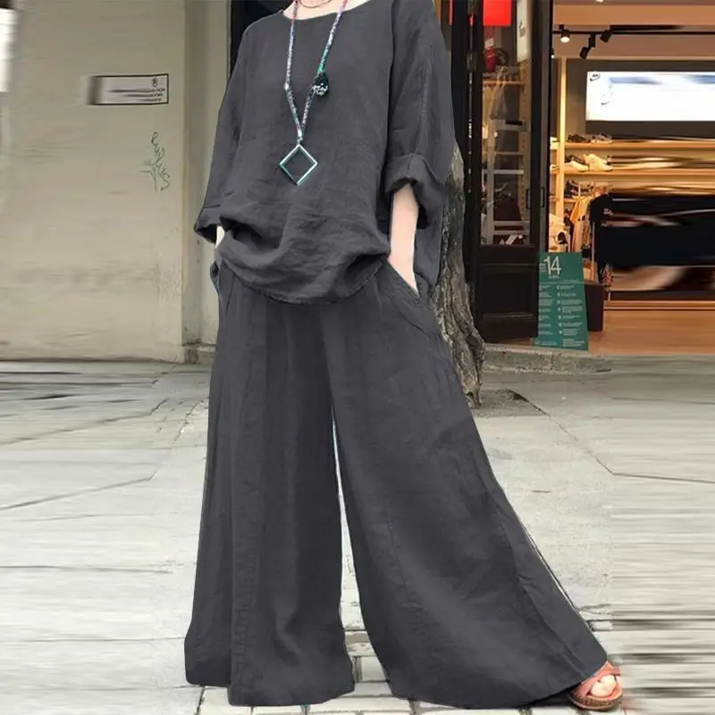 

Casual Cotton Linen Solid Color Suit Women Round Neck Long Sleeve Shirt Wide Leg Trousers 2-piece Autumn Retro Loose Women Suit