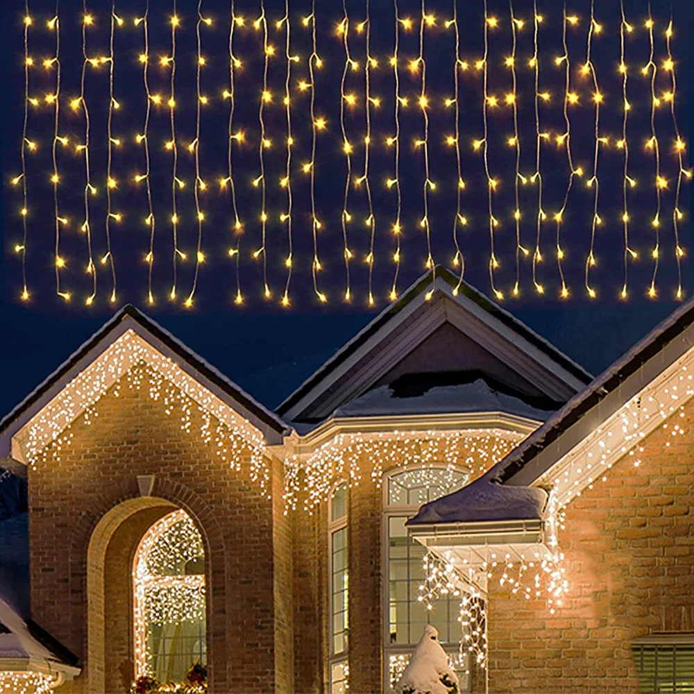 Christmas Ramadan Decoration 2023 For Home Outdoor Waterproof LED Curtain Icicle String Light Street Garland On The House Winter