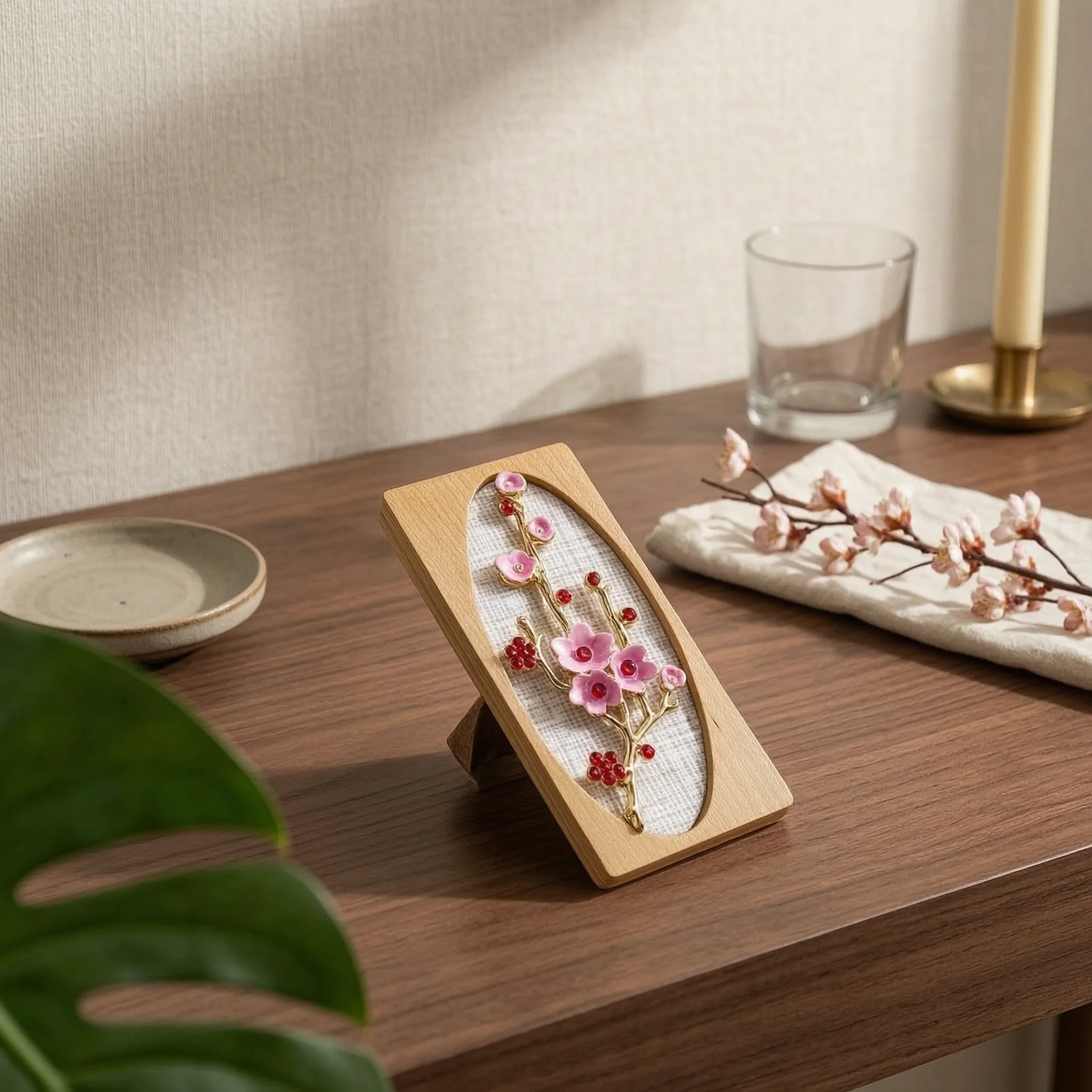 Plum Blossom Frame Patterned Background Miniature Floral Frame Mini Decor Wood-Tone Wall Hanging