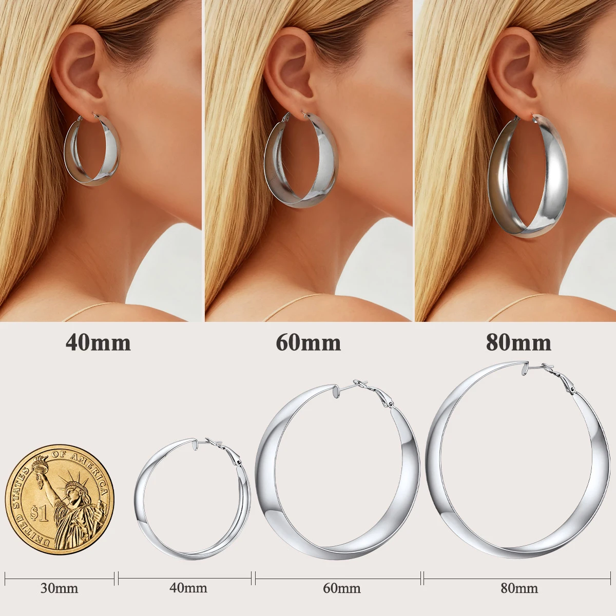 U7 Stainless Steel 40/60/80mm Curve Band Round Hoop Earrings for Woman Small Large Statement Hoops Lightweight Ear Jewelry Gift