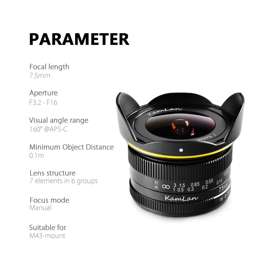 Kamlan 7.5mm F3.2 APS-C Wide-angle Fisheye Lens Manual for Mirrorless Panasonic Olympus Macro 4/3 M43-Mount GH3 GH4 GH5s Camera